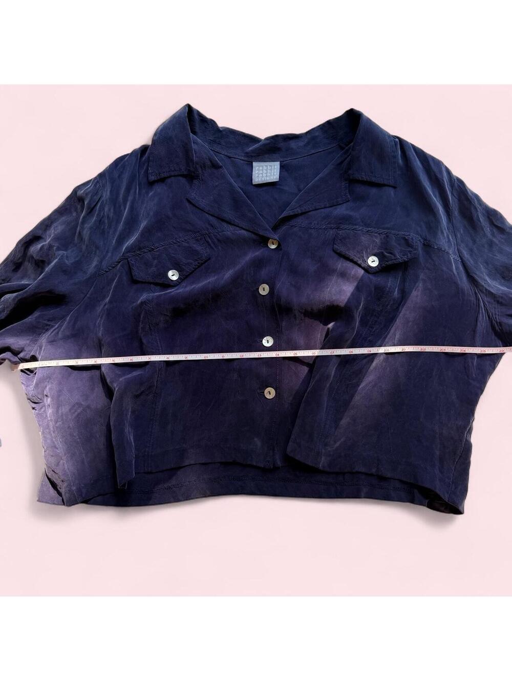 Vintage 90s Rabbit Rabbit Rabbit Navy Cropped Rayon Utility Shirt - Picture 6 of 8